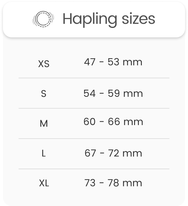 in millimeters: extra small 47 - 53, small 54 - 59, medium 60 - 66, large 67 - 72, extra large 73 - 78